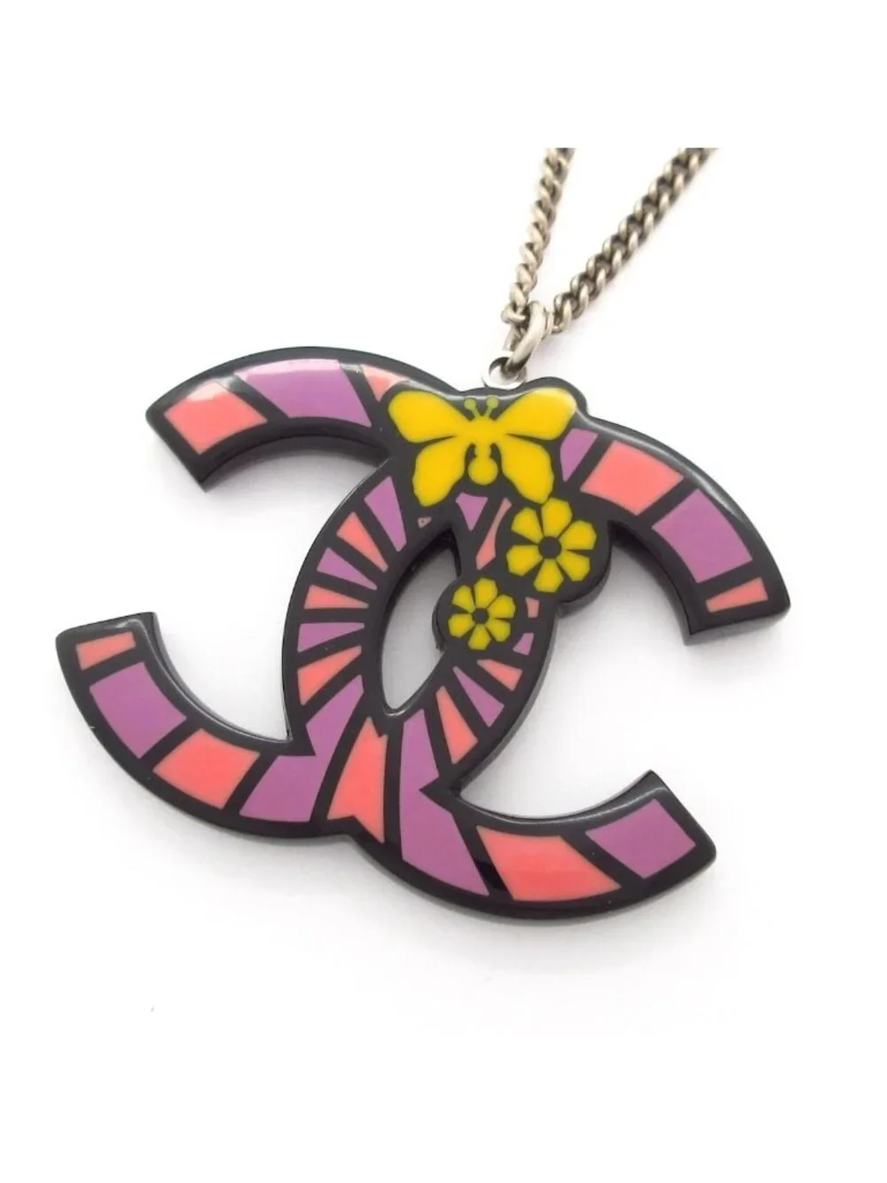 Chanel Necklace CC Logo Silver Yellow Multi Butterfly Flower